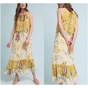 Anthropologie One September Dress Womens XS Yellow Floral Koi Maxi Embroidered